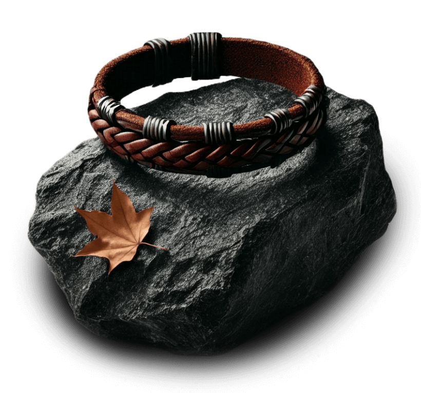 Pulsera de cuero elegante sobre una roca.