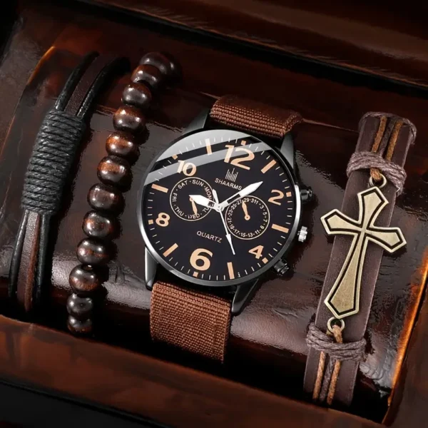 Conjunto reloj y pulseras con cuentas y cruz